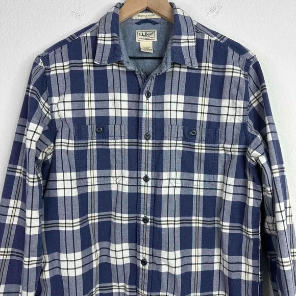 LL Bean Shirt Mens Medium Blue Plaid Checkered Long Sleeve Button Thick Jacket - Picture 3 of 6